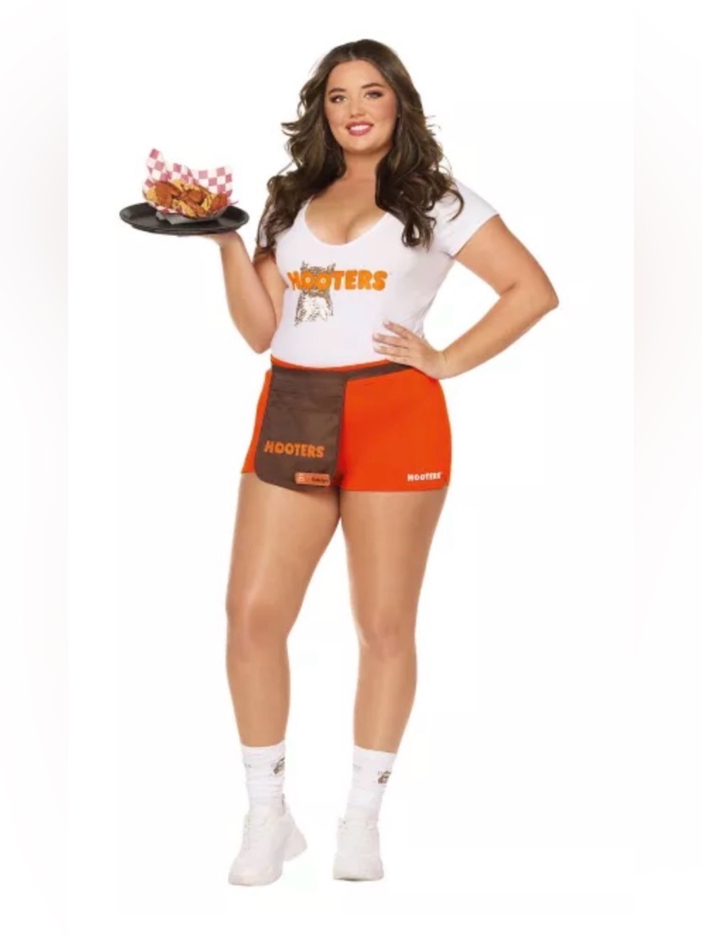 NEW-Large Hooters Orange High-Waist Server Shorts with Brown Apron Panel costume